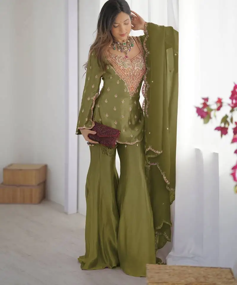 Women's mehendi silk party wear sharara suit set with embroidery work stitched