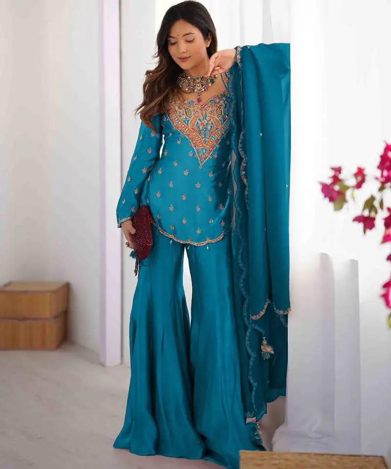 Women's sky blue silk party wear sharara suit set with embroidery work stitched