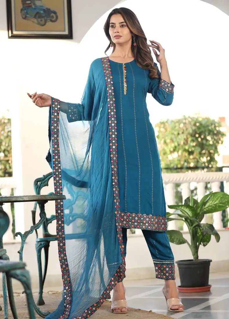 Women's rayon solid ethnic designer a-line mirror work kurti with pant & nazmin dupatta set