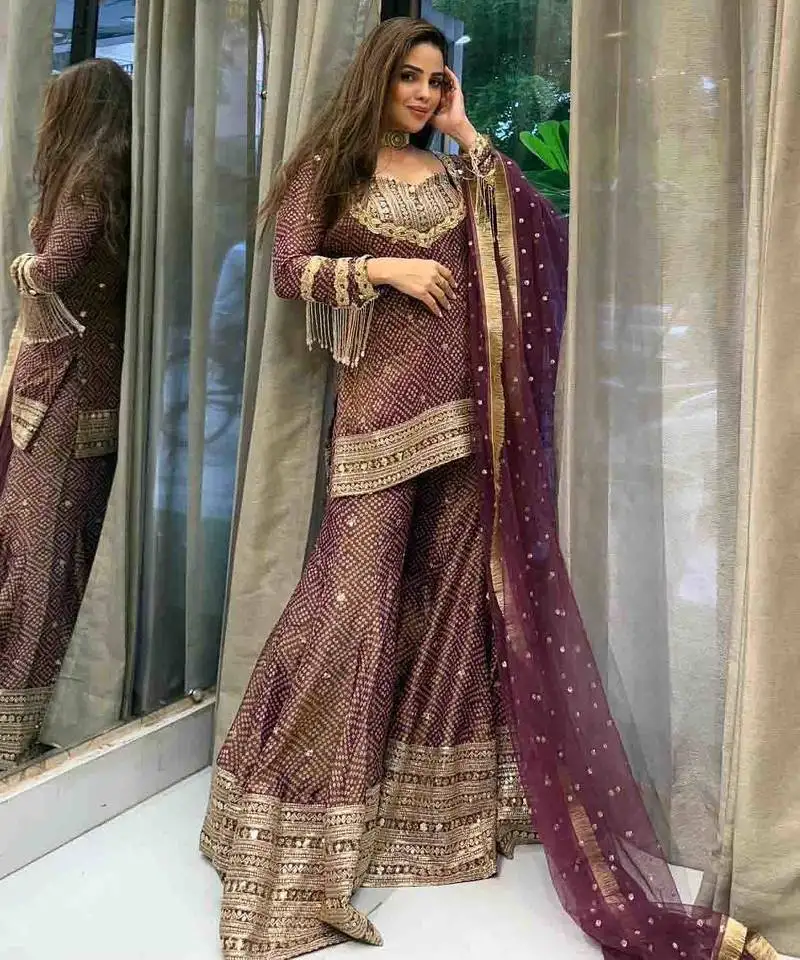 Purple sequin embroidered palazzo set stitched