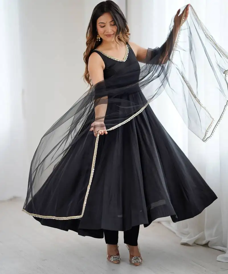 Black colour silk chanderi fabric fully flair anarkali kurti with pant dupatta set stitched