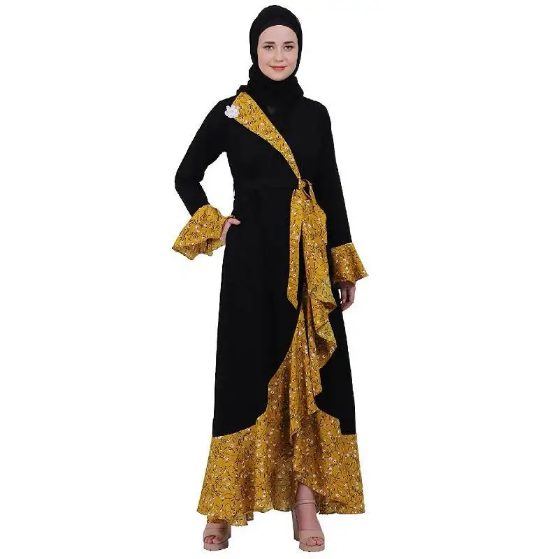 Designer abaya with printed frills- black-mustard