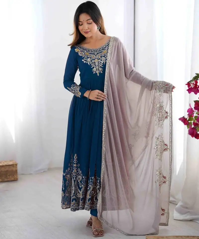 blue elegant embroidered sequence designer anarkali three piece set stitched