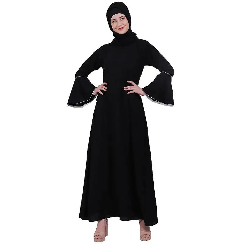 Casual a-line abaya with bell sleeves- black