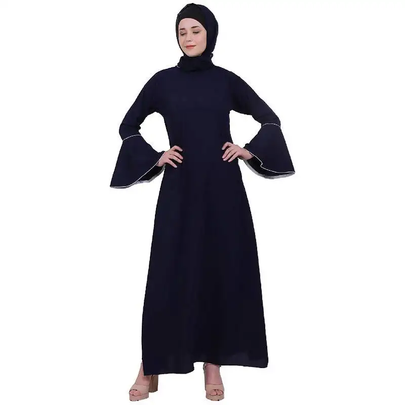 Casual a-line abaya with bell sleeves- navy blue