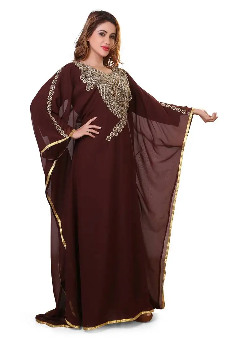 Brown moroccan dubai kaftan farasha zari and stone work dress