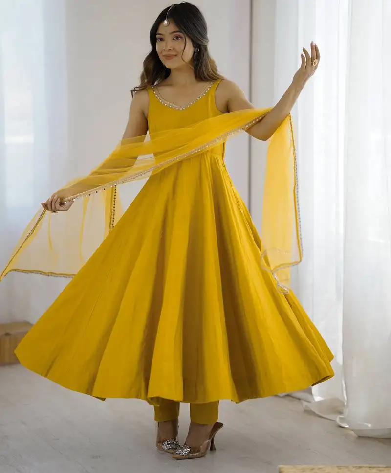 Yellow silk chanderi fabric fully flair anarkali kurti with pant dupatta set stitched