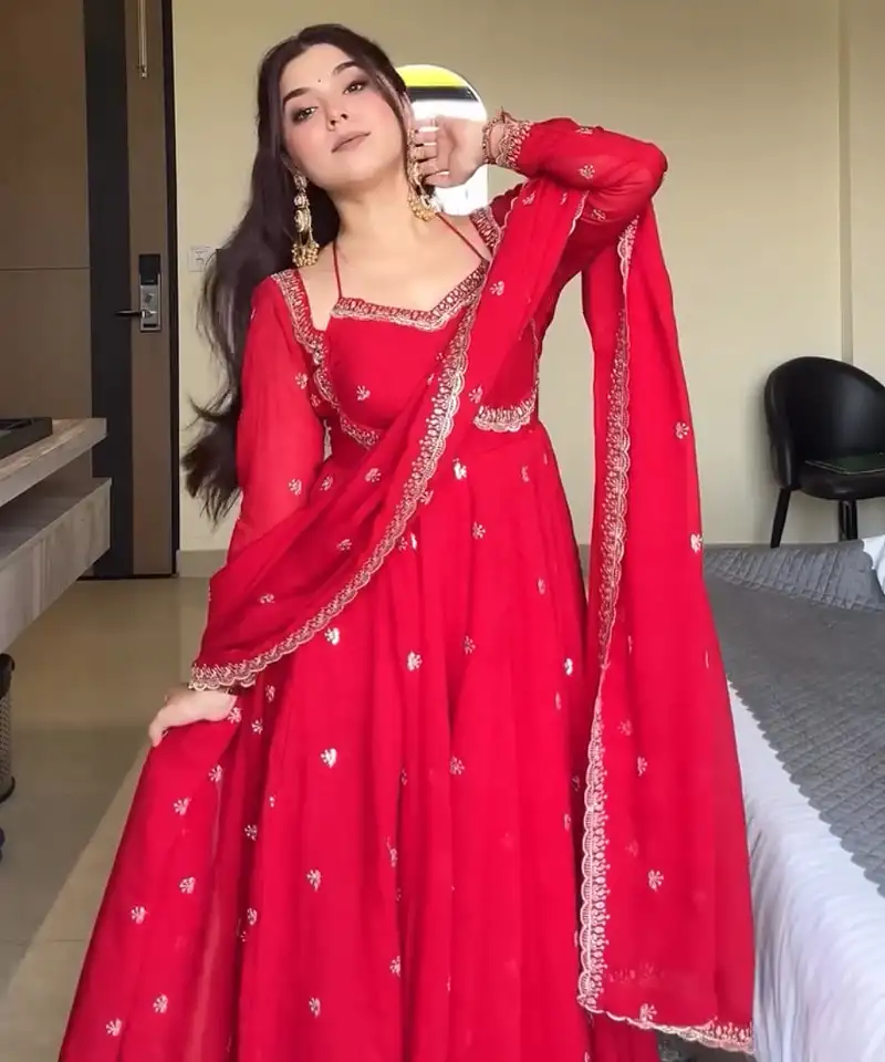 Red fux blooming embroidery party wear suit set stitched