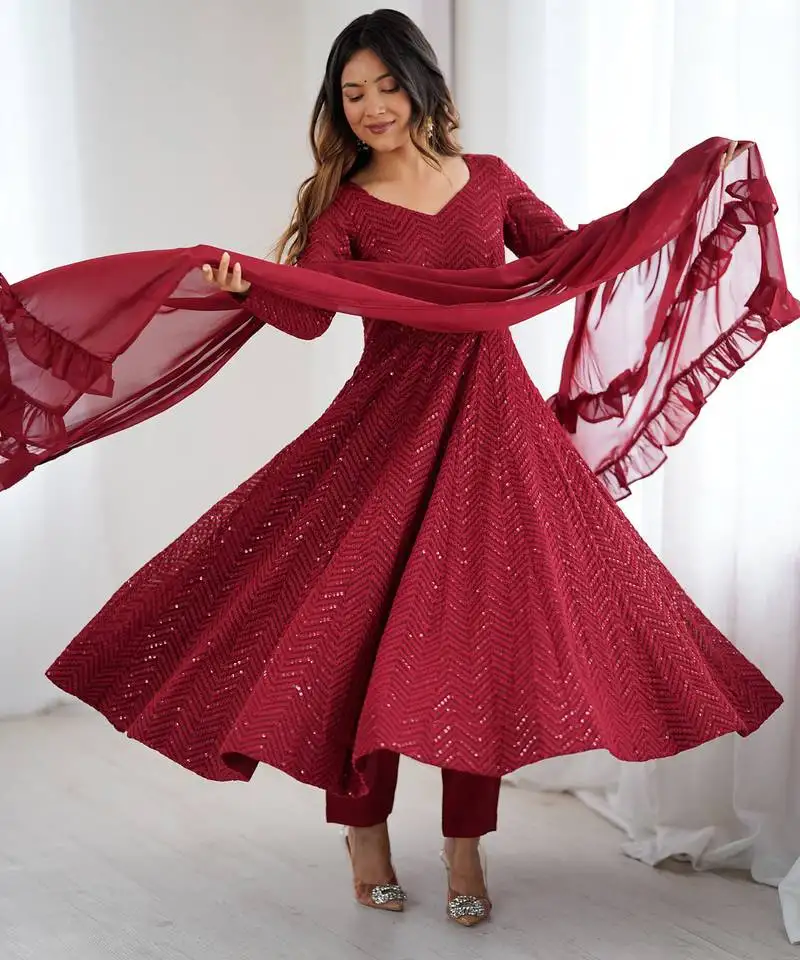 Designer maroon embroidered anarkali dress with ruffle dupatta ethnic wear for women stitched