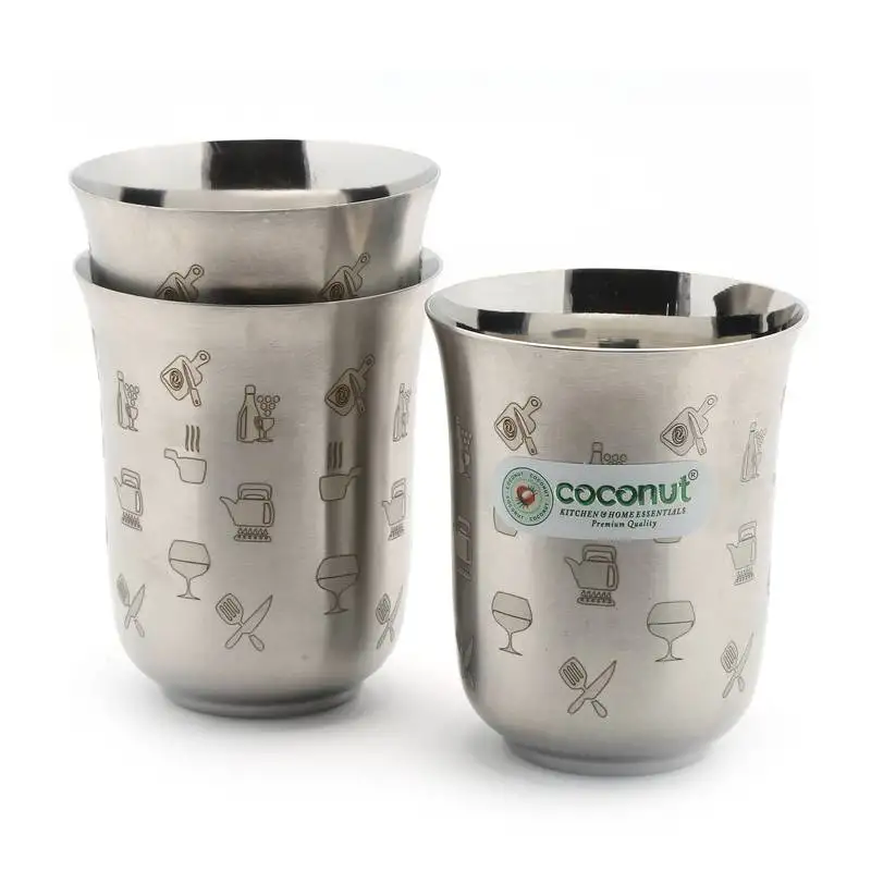 Coconut stainless steel kafe glasses :: water glasses ::Tumblers:: - set of 3 (300 ml each glass)