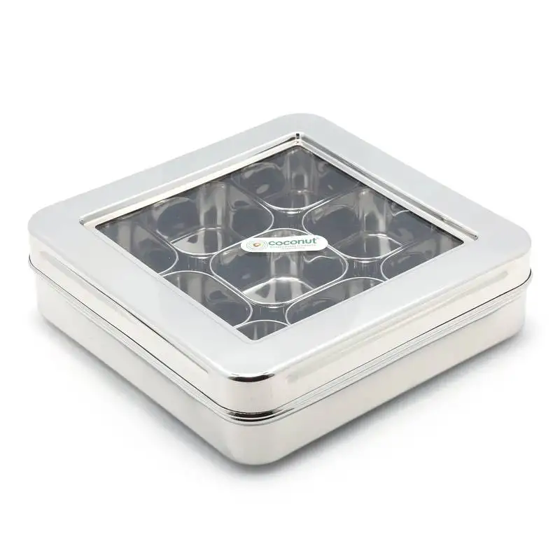 Coconut stainless steel nano square masala box see thru lid c thru masala box with 9 bowls