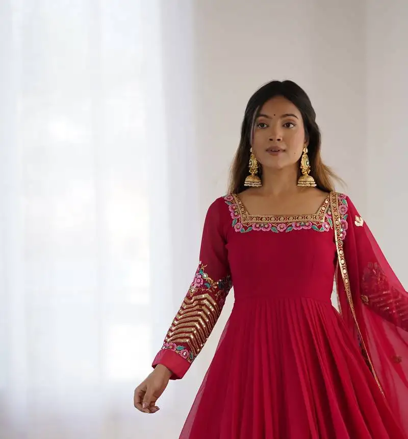 Red elegant embroidered sequence designer anarkali three piece set stitched