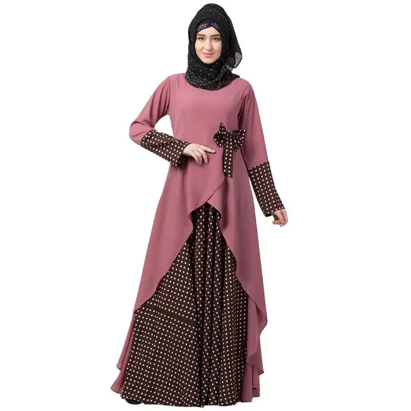 Polka dotted asymmetrical dress abaya- puce pink-wine