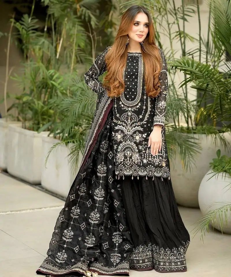 Black faux georgette embroidered suit set stitched