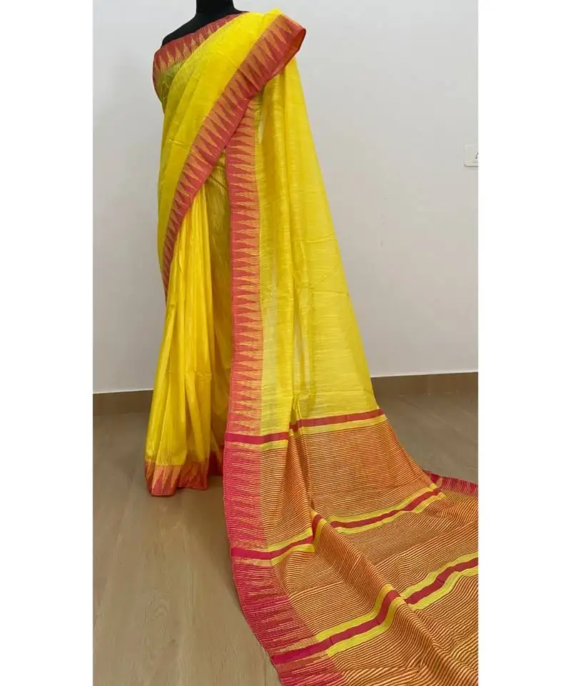 Yellow poly silk handloom saree