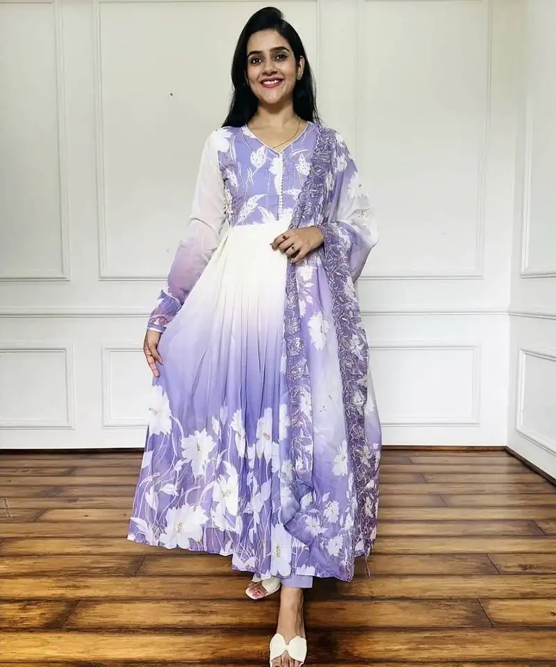 Elegant digital print work designer anarkali three piece set stitched