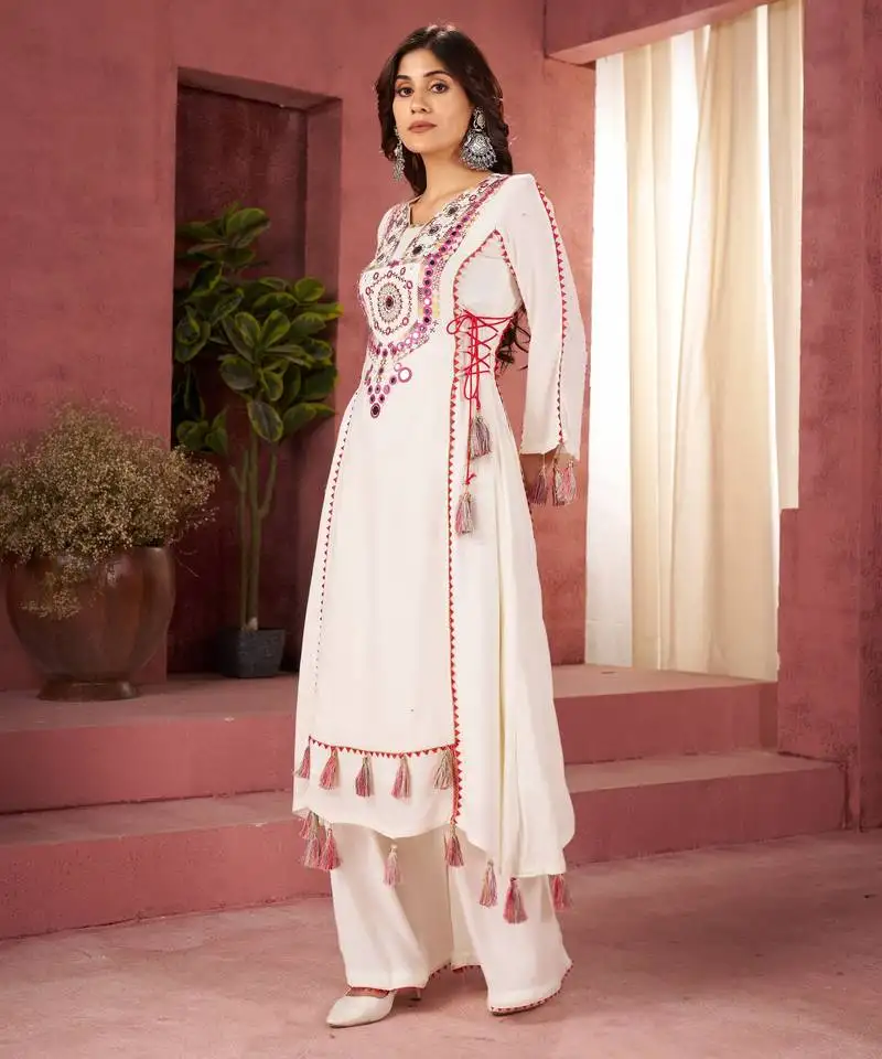 Embroidery work white embroidered kurta palazzo suit set