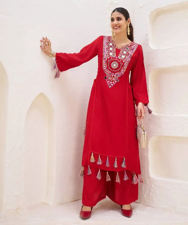 Mirror work suit set with dupatta party wear heavy red suit set