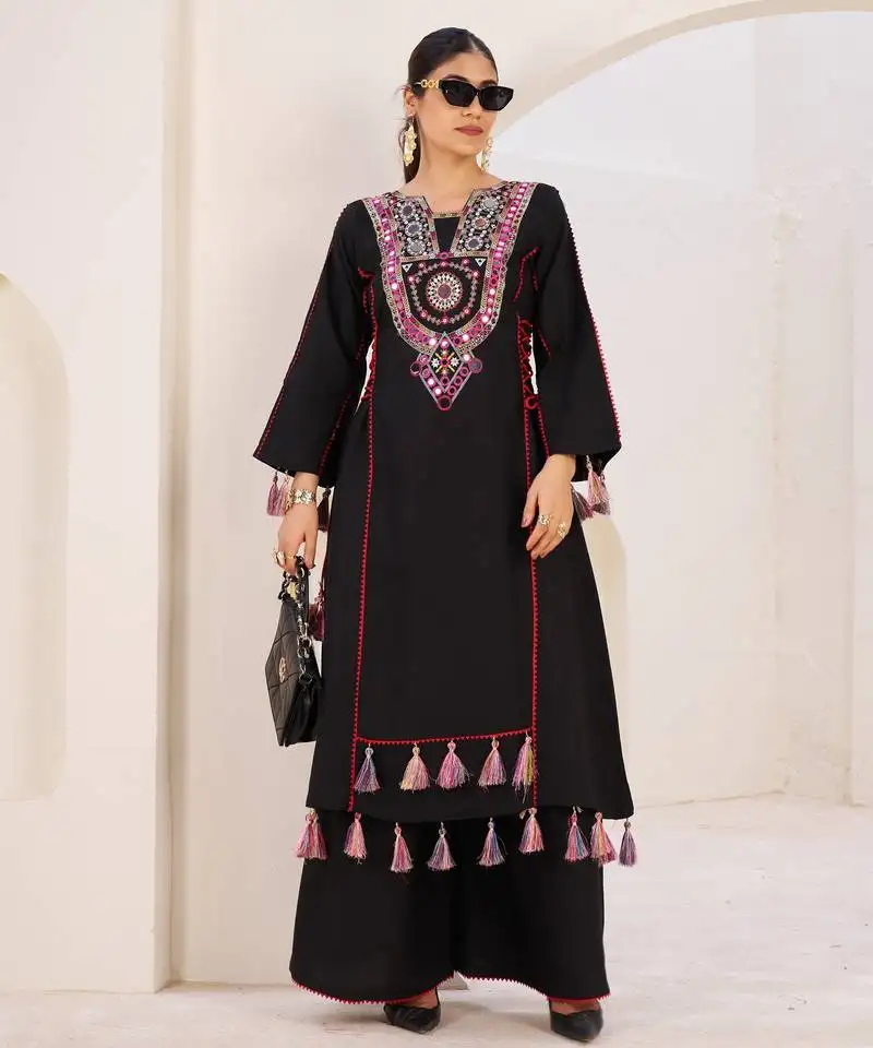 Black embroidered heavy mirror work kurta with palazzo party wear palazzo set festival wear