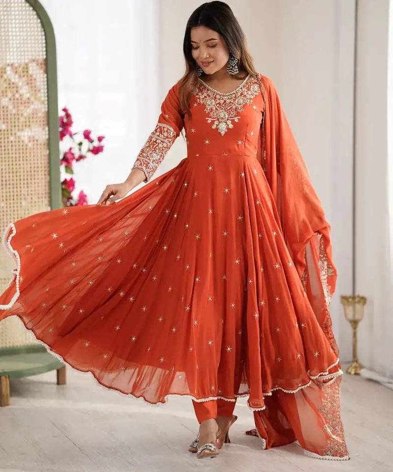 Orange embroidered sequins motif work anarkali dress stitched