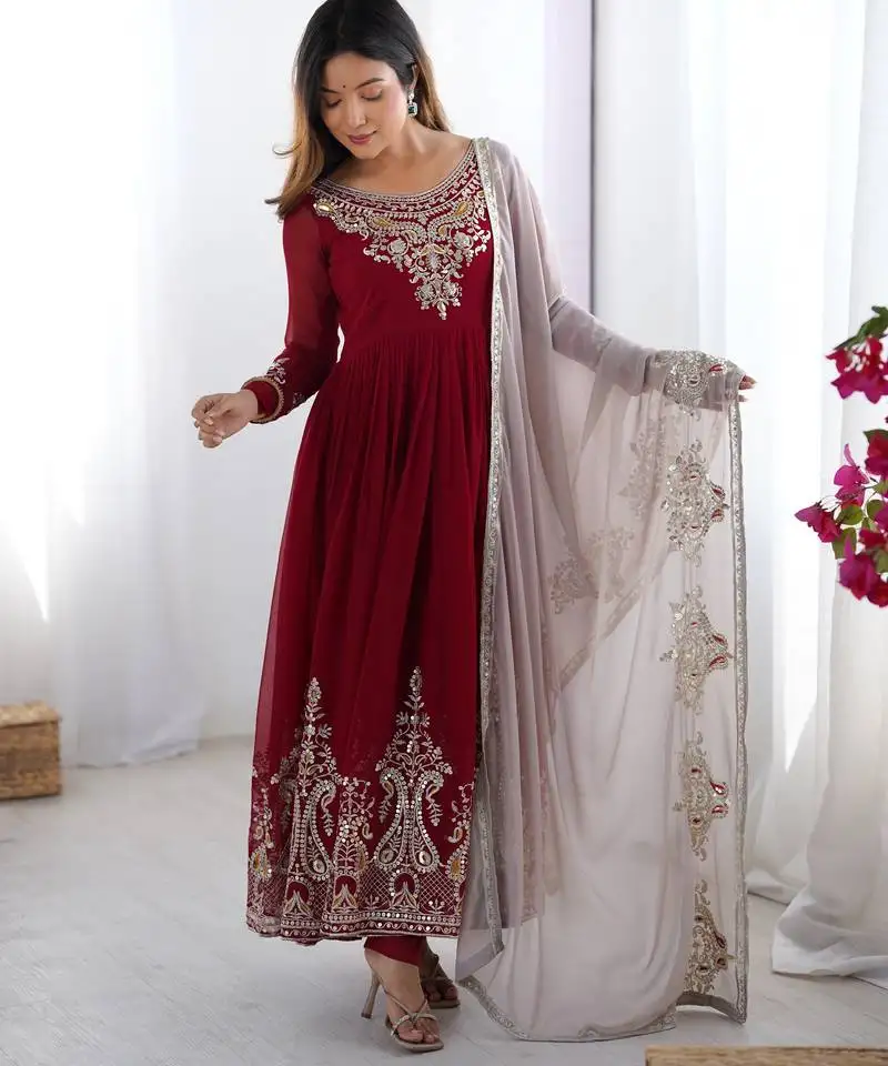 Elegant embroidered sequence designer anarkali three piece set stitched