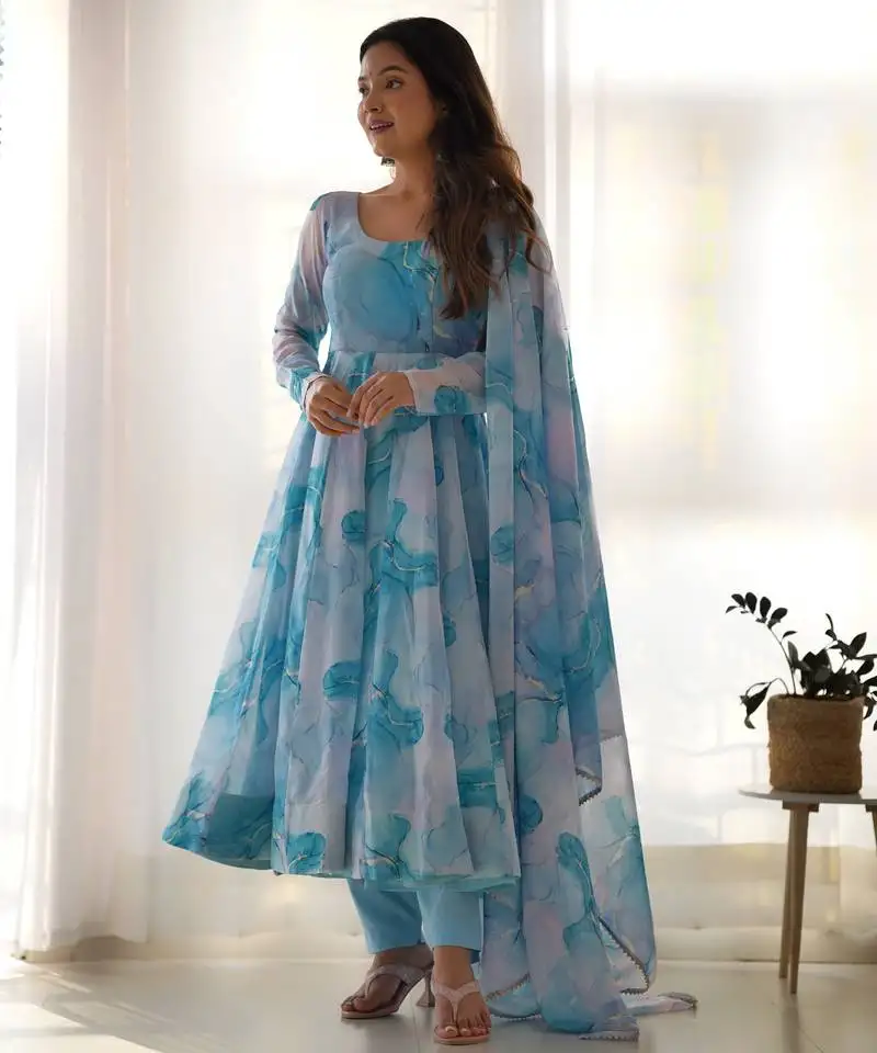 Aqua blue printed anarkali dress with dupatta stitched