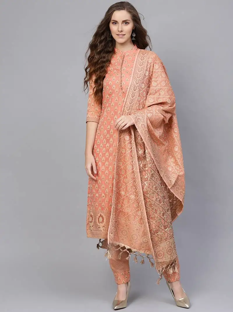 Peach banarasi cotton woven unstitched dress material