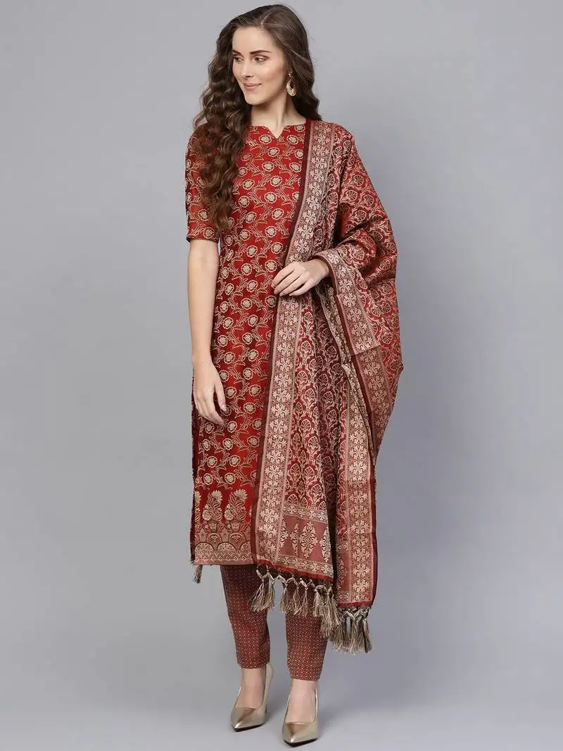 Maroon banarasi cotton woven design unstitched dress material