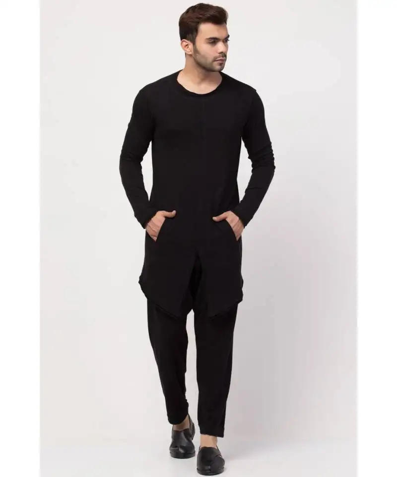 Round neck front slit back up front down t kurta with harem pant