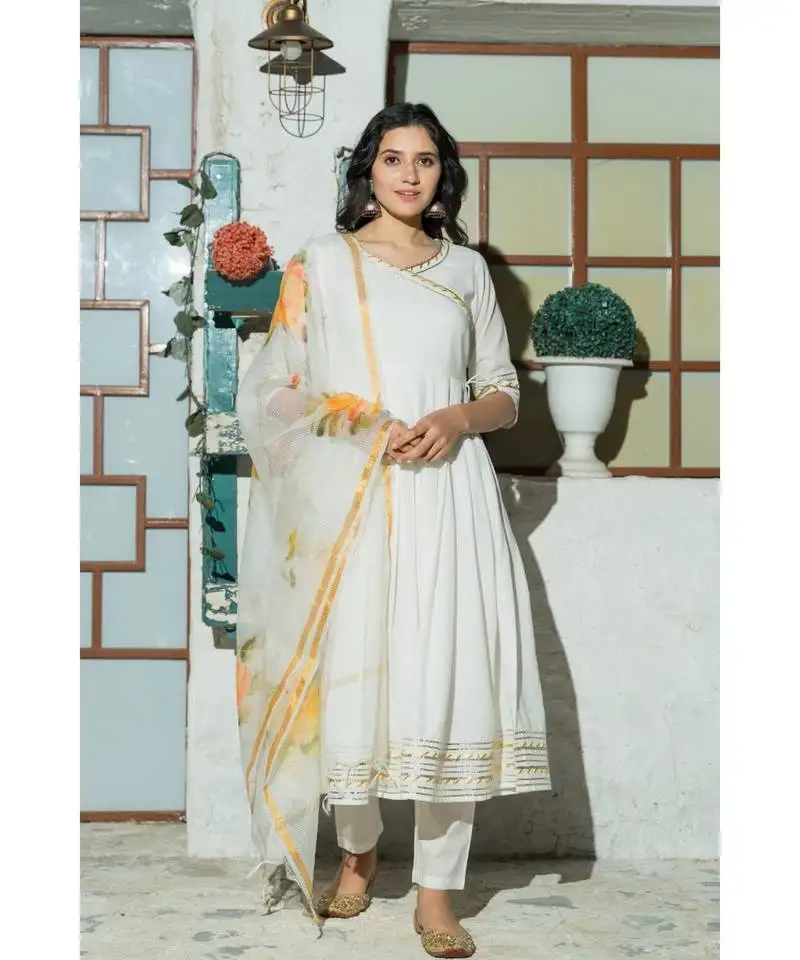 White flared cotton kurta set with hand painted doria dupatta