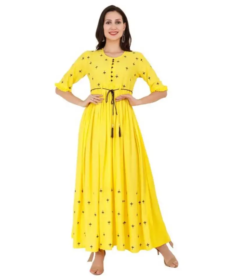 Rayon yellow straight embroidered with lanyard kurta