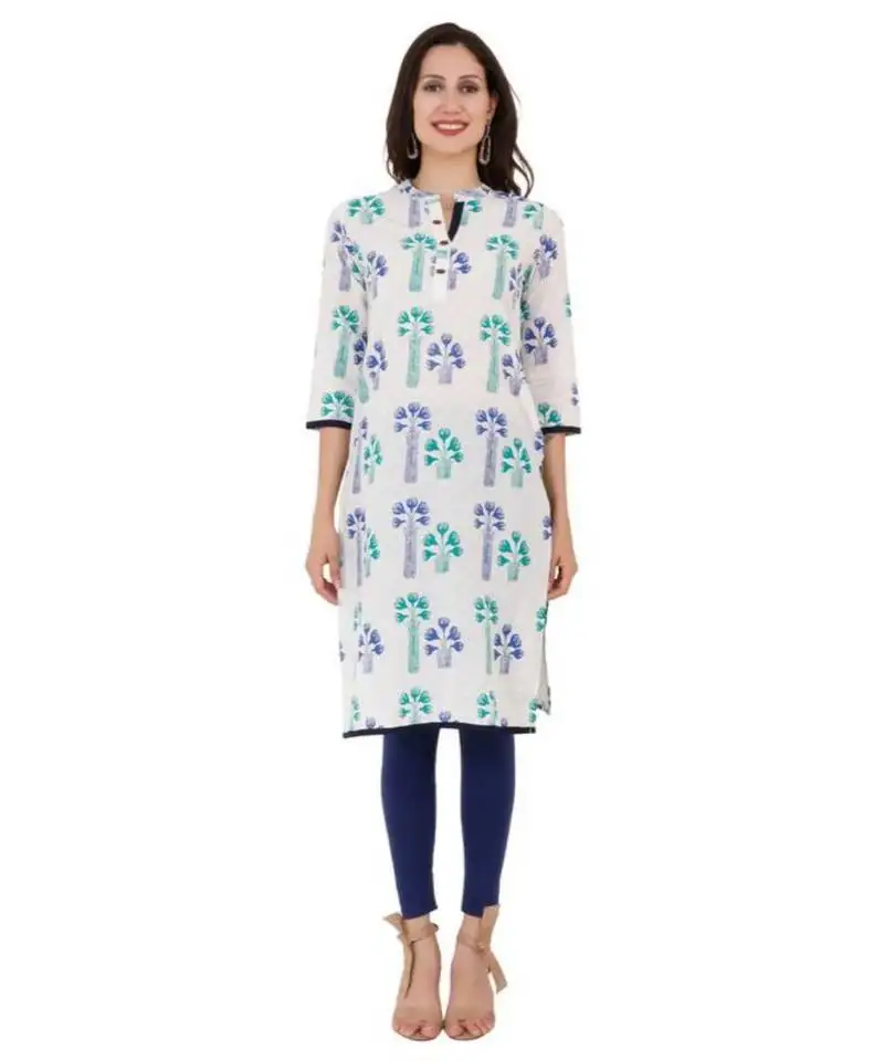 Blue cotton straight both side slit floral print women kurti