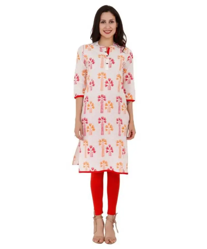 Red cotton straight both side slit floral print women kurti