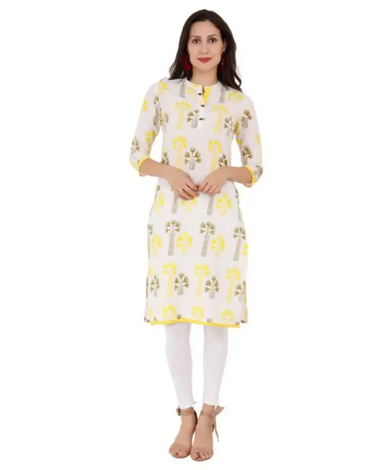 Straight cotton yellow both side slit floral print women kurti