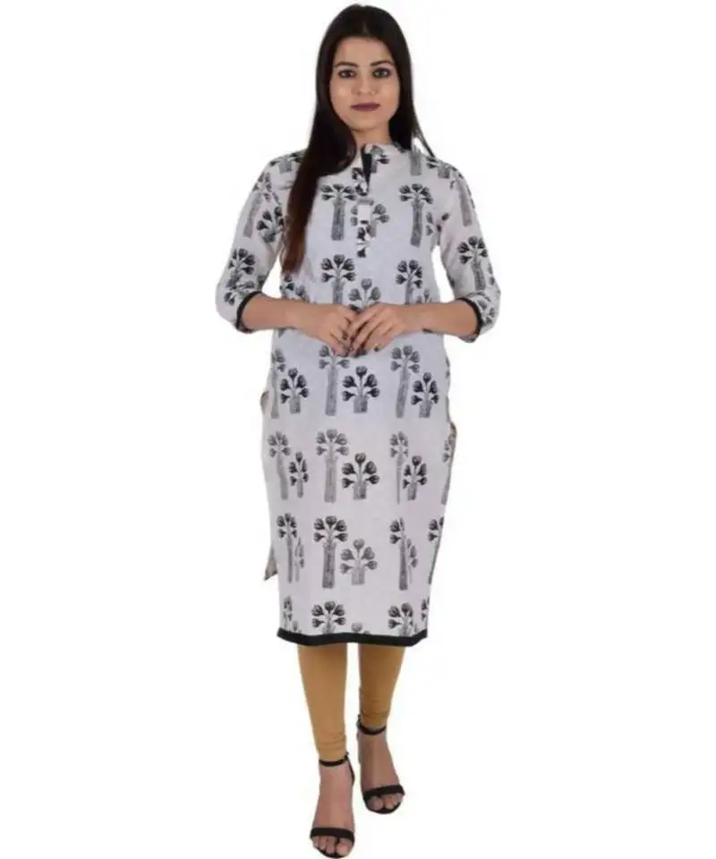 Straight cotton black both side slit floral print women kurti