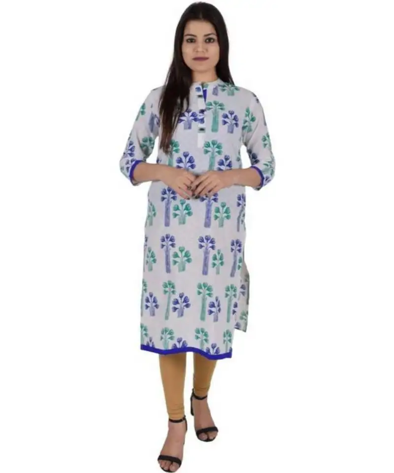 Straight cotton blue both side slit floral print women kurti