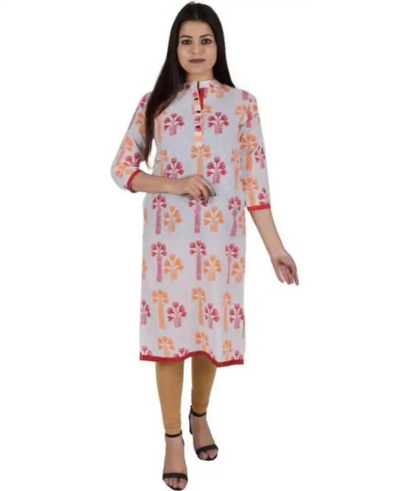 Straight cotton red both side slit floral print women kurti