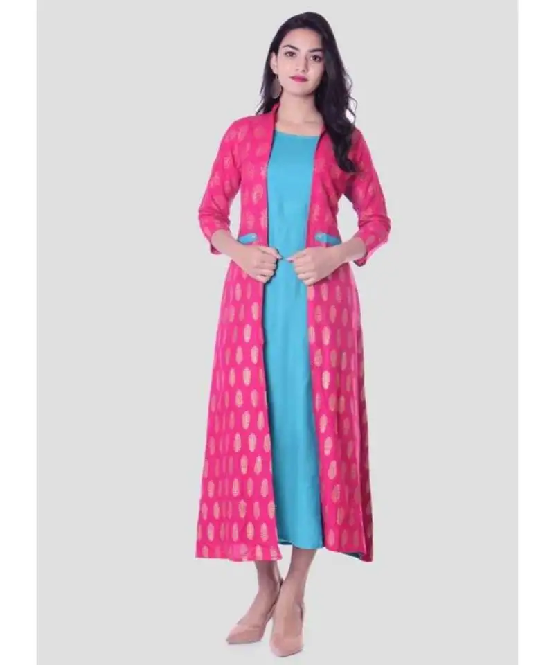 Straight rayon blue kurti for women with attach printed jacket