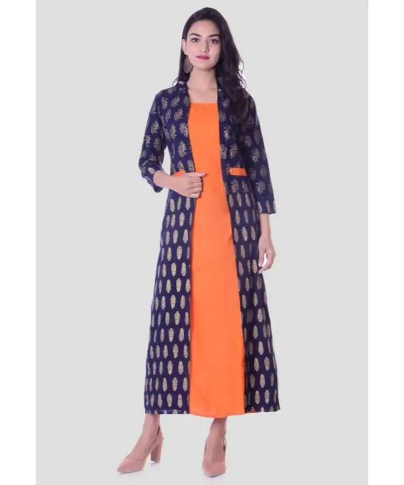 Straight rayon orange kurti for women with attach printed jacket