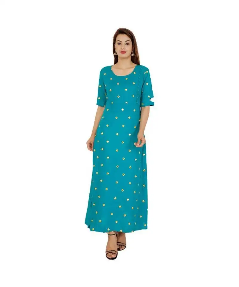 Women rayon a-line blue embroidered & foil work long kurta kurti