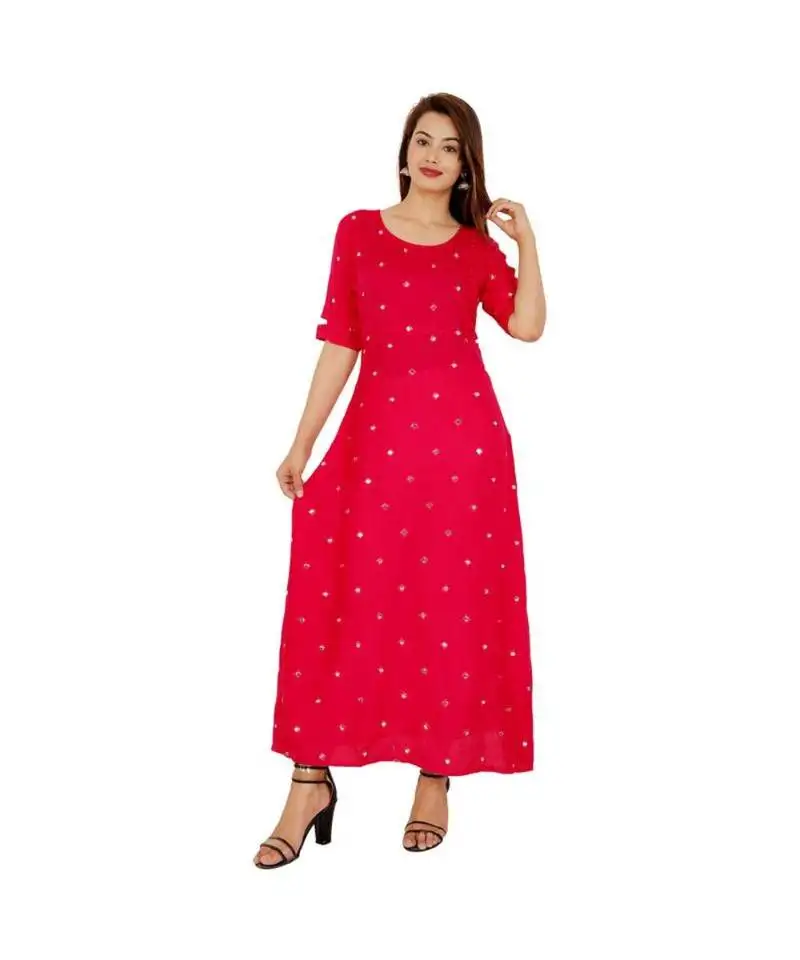 Women rayon a-line pink embroidered & foil work long kurta kurti