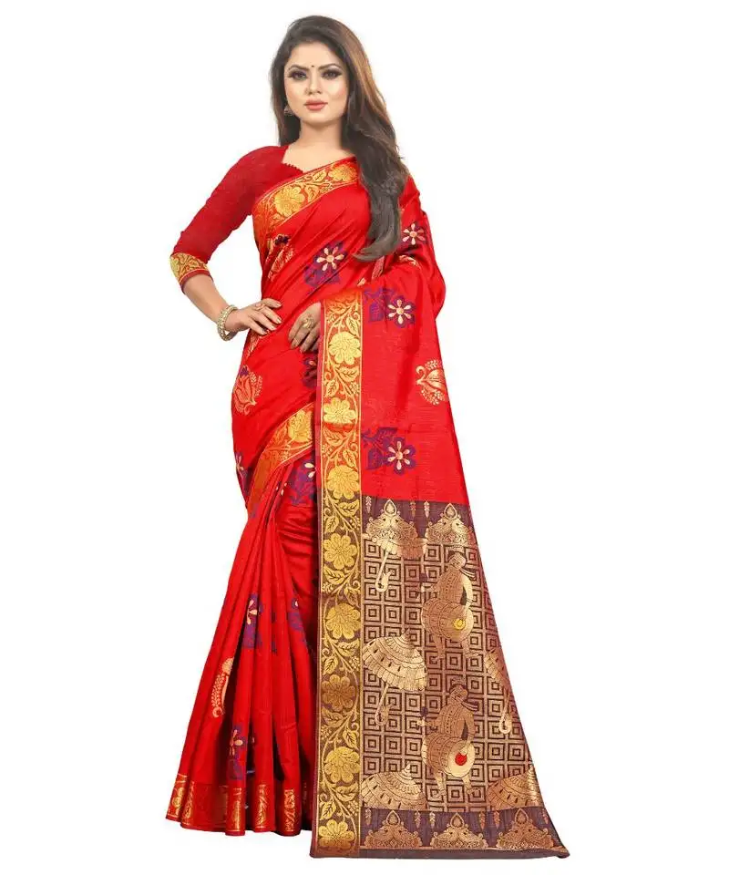 Women's red kanjivaram silk zari work saree
