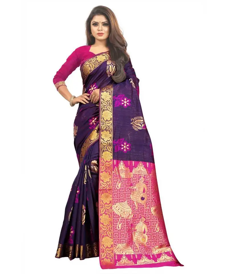 Women's navy kanjivaram silk zari work saree