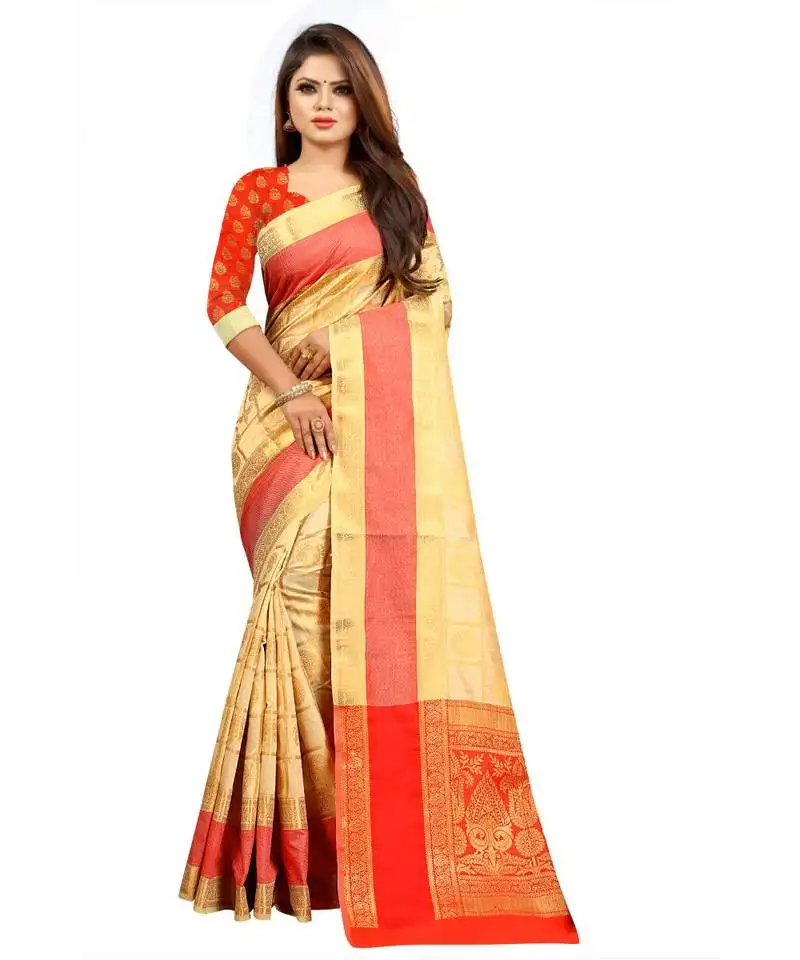 Women's beige checkered banarasi art silk zari work saree