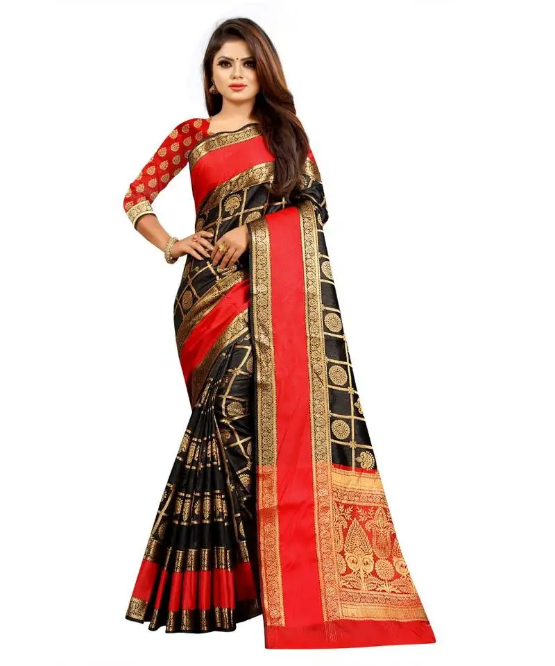 Women's black checkered banarasi art silk zari work saree
