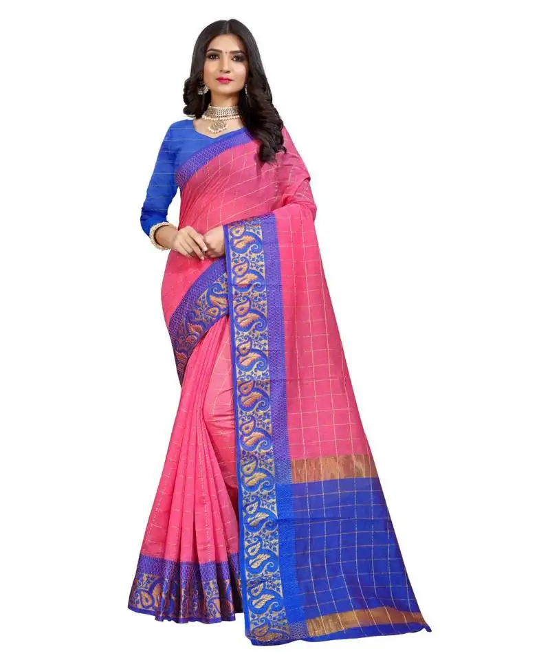 Women's pink checkered chanderi cotton zari work saree