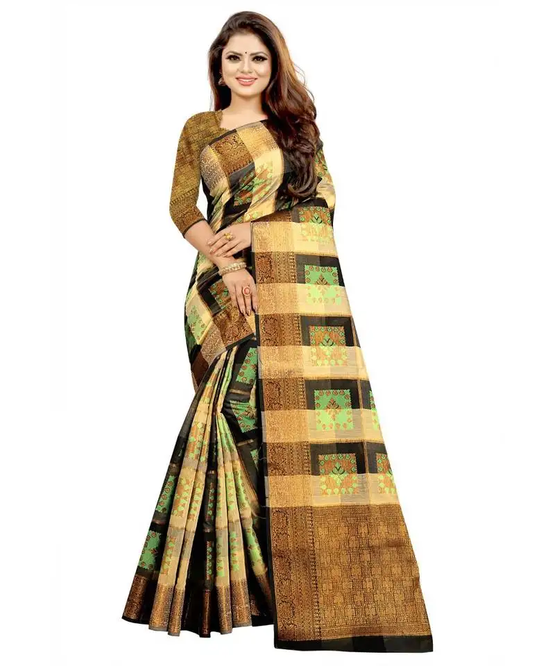 Women's green checkered banarasi cotton zari work saree