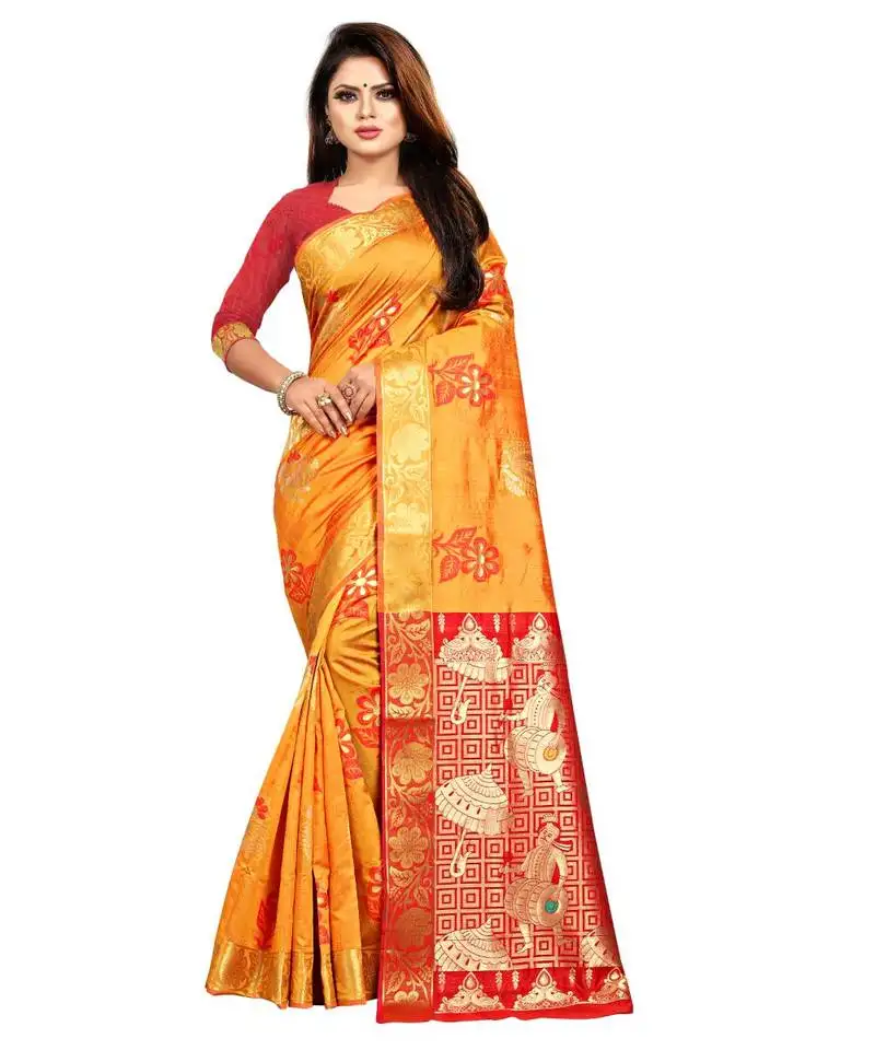Women's gold kanjivaram silk zari work saree