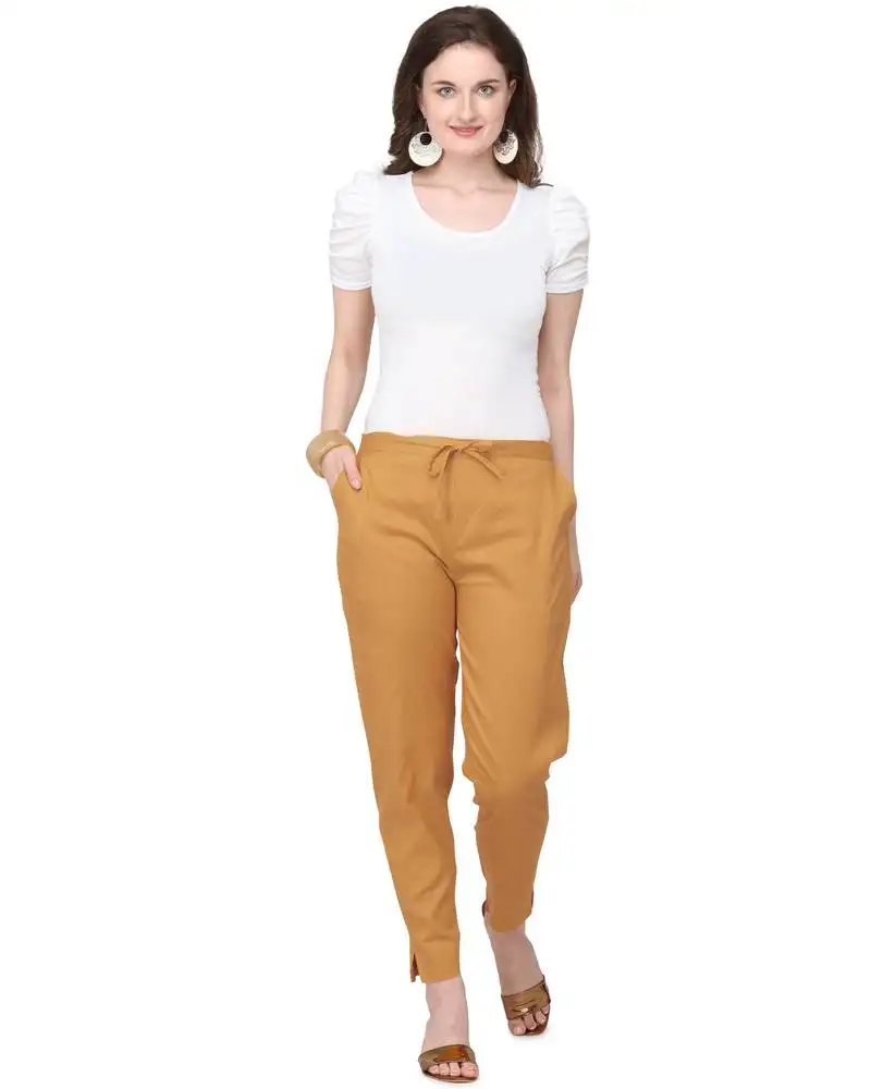 Women's camel brown coloured cotton lycra stretchable trouser pant