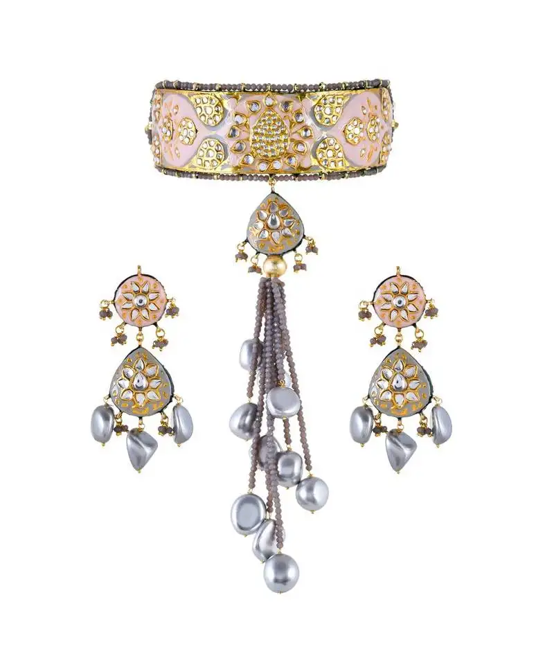 Rouge & grey choker style necklace